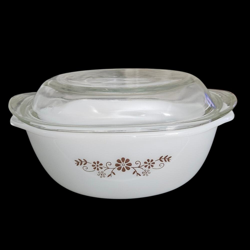 Vintage Pry-O-Rey White Milk Glass Covered Casserole Dish Brown Floral